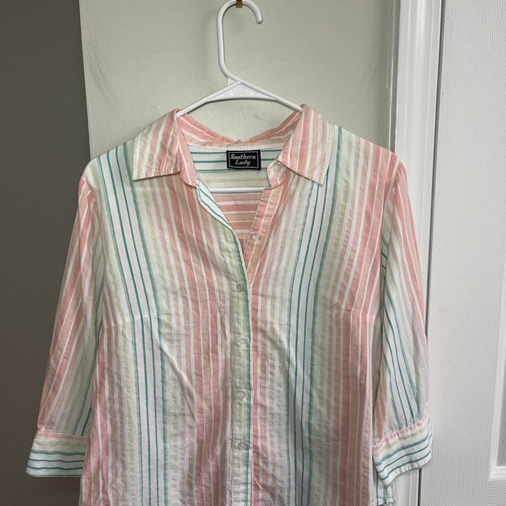 Vintage Southern Lady Button Down Shirt Women's S Pink Green Striped 3/4 Sleeve